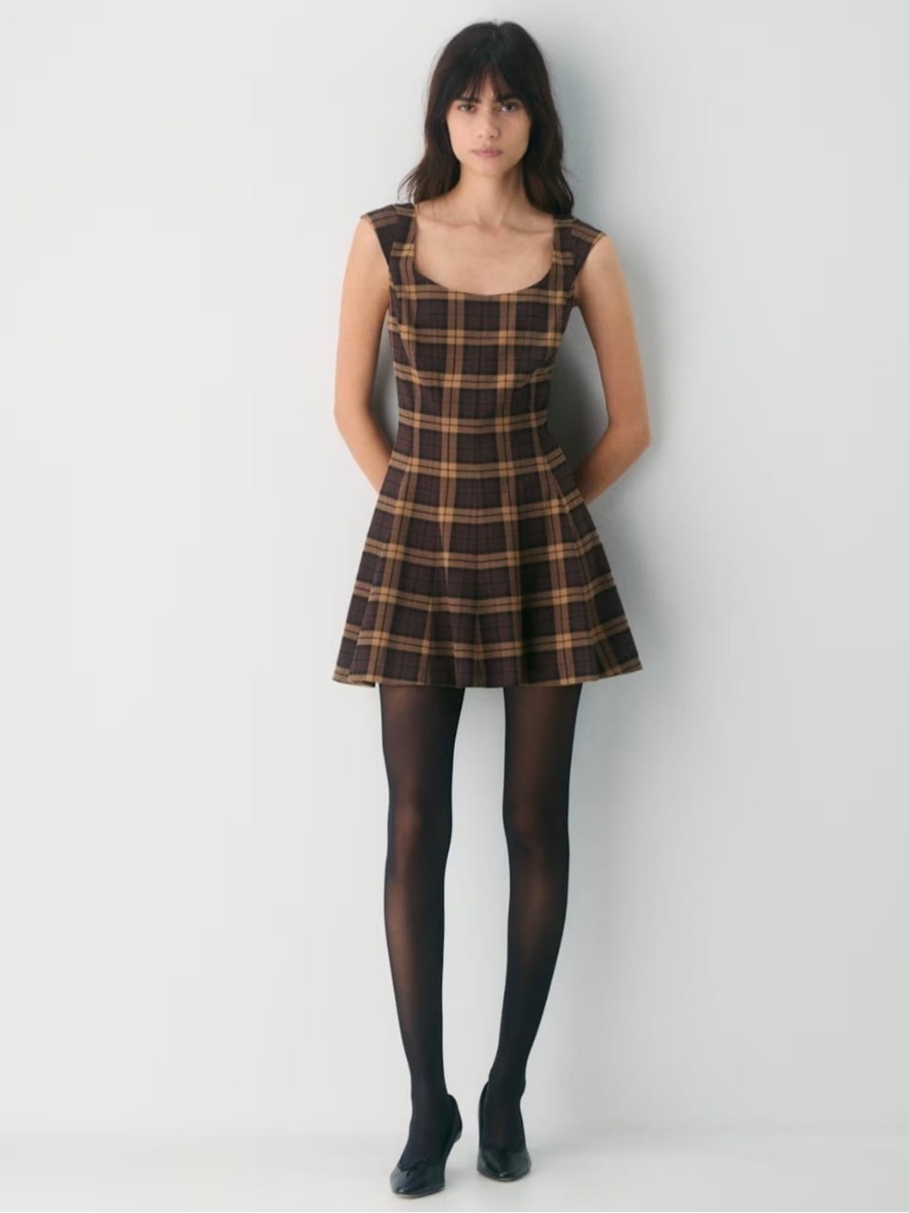 Aritzia Brown Plaid Sleeveless Fit-and-Flare Mini Dress